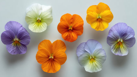 This image features a stunning arrangement of vibrant pansy flowers in multiple hues, ideal for showcasing nature's beauty in floral designs, decorations, and seasonal themes.の素材