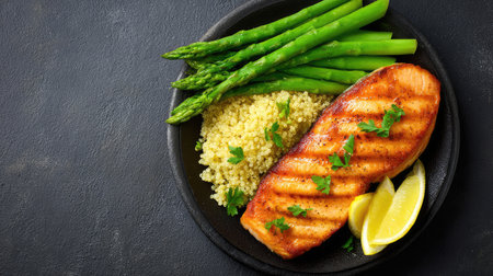 A beautifully arranged dish featuring grilled salmon fillet accompanied by fresh asparagus, fluffy quinoa, and vibrant lemon wedges, ideal for healthy eating.の素材