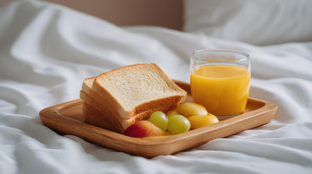 A cozy breakfast scene capturing soft toast, fresh fruits, and a glass of orange juice on a wooden tray, perfect for a relaxing morning at home.の素材