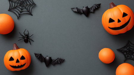 A vibrant arrangement of Halloween decorations including orange pumpkins, black bats, and spider figures set against a dark background, creating a playful and spooky atmosphere for festive celebrations.の素材