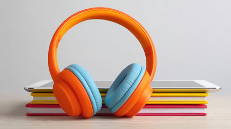 A vibrant display featuring orange and blue headphones atop colorful notebooks and a digital tablet, symbolizing creativity and modern study for students and professionals.の素材