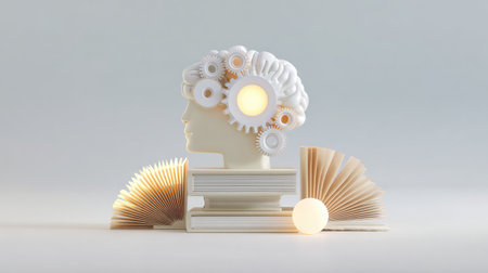 This artistic representation features a human silhouette enhanced with gears and soft lighting, symbolizing creativity and innovation in a minimalist and elegant fashion.の素材