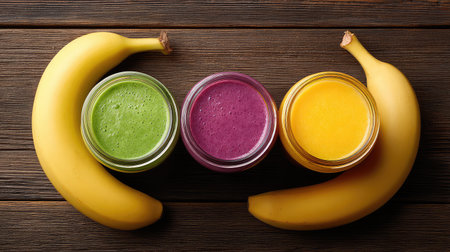 Vibrant smoothie jars with fresh bananas on a rustic wooden surface represent a healthy lifestyle choice. Perfect for nutrition-focused content and summer recipes.の素材