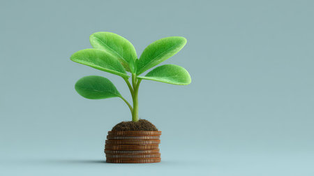 A vibrant green plant growing from stacked coins symbolizes the connection between nature and finance, highlighting the concepts of investment, growth, and sustainability in modern economics.の素材