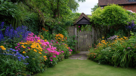 A picturesque garden scene featuring a vibrant array of flowers lining the path to a charming wooden gate, embodying tranquility and natural beauty.の素材
