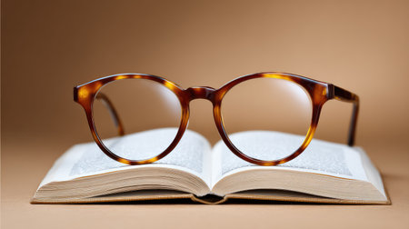 A pair of stylish brown-toned glasses elegantly rests on an open book, creating a serene and sophisticated scene ideal for themes of education, reading, and intellectual pursuits.の素材