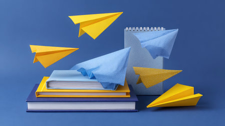 Colorful paper airplanes in yellow and blue soar above a neat stack of notebooks and a spiral pad, capturing themes of creativity and learning, perfect for educational content.の素材