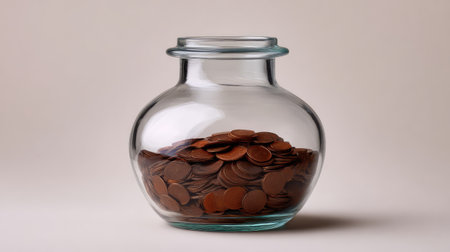 A clear glass jar filled with copper coins symbolizes savings and finance, perfect for concepts related to money, budgeting, and personal finance in a minimalistic design.の素材