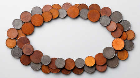 A visually appealing oval arrangement of assorted coins showcasing various colors and textures, suitable for financial themes and economic illustrations.の素材