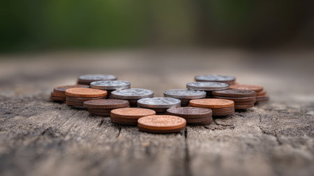 A heart-shaped arrangement of coins on a rustic wooden surface, creating a visually appealing representation of affection and wealth for creative projects.の素材