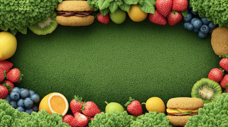 An eye-catching arrangement of fresh fruits and vegetables surrounding a lush green background, perfect for promoting healthy eating, food photography, and culinary arts.の素材