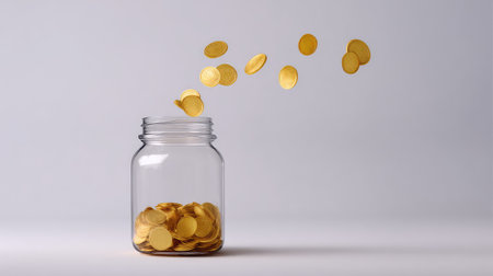 A clear jar filled with golden coins, showcasing a dynamic scene of coins falling, symbolizing savings, investment growth, and financial prosperity in a minimalist setup.の素材