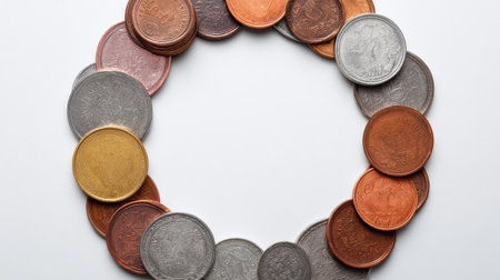 This image features a circular arrangement of various coins showcasing diverse textures and colors, ideal for themes related to finance, economics, and investment opportunities.の素材
