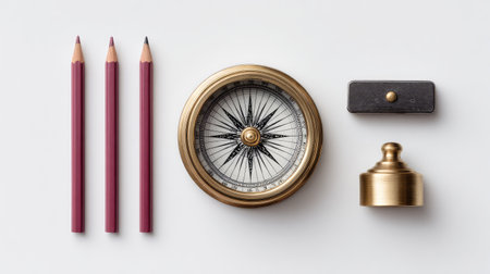 A vintage compass accompanied by drawing pencils and a sharpener, perfect for themes of navigation and creativity. Ideal for artistic exploration and educational content.の素材
