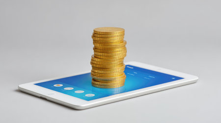 A visual representation of financial growth, featuring a stack of gold coins placed on a digital tablet screen, symbolizing investment opportunities in technology.の素材