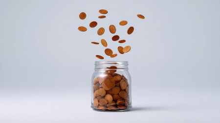 A stunning image illustrating coins floating above a glass jar, symbolizing savings and investment. This design emphasizes financial concepts and modern aesthetics, perfect for business use.の素材