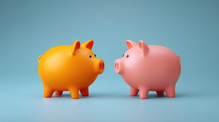 Two adorable piggy banks, one orange and one pink, stand facing each other, symbolizing the playful approach to savings and financial education for all ages.の素材