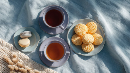 A serene setting with two teacups and an assortment of sweet treats invites a moment of indulgence, featuring soft colors and natural light for a cozy atmosphere.の素材