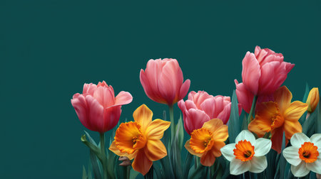 A stunning display of pink tulips and orange daffodils against a rich teal background, ideal for conveying spring beauty or enhancing floral-themed projects and designs.の素材