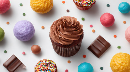 A tempting chocolate cupcake with creamy frosting at the center, surrounded by an array of vibrant candies and chocolates, ideal for creating a joyful atmosphere.の素材