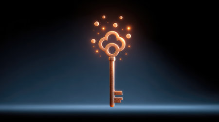 A captivating depiction of a magical key surrounded by sparkling effects, symbolizing opportunity and adventure in a mystical realm. Perfect for imaginative concepts.の素材
