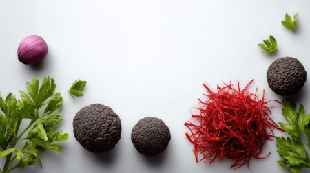 Discover the beauty of fresh gourmet ingredients featuring black truffles, saffron threads, purple onion, and green celery leaves, ideal for elegant culinary presentations.の素材