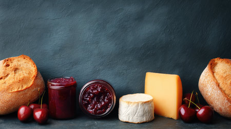 A visually appealing arrangement featuring freshly baked bread, assorted cheeses, cherry jam, and fresh cherries on a dark slate background, ideal for gourmet dining.の素材