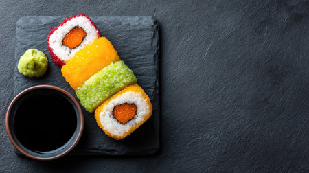 A vibrant arrangement of sushi rolls featuring bright colors, served on a black slate plate with a side of wasabi and soy sauce, ideal for culinary enthusiasts.の素材