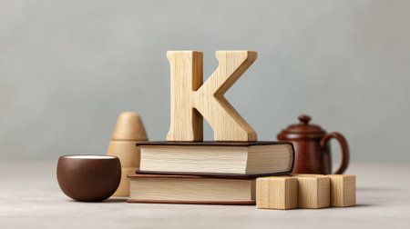 A charming arrangement featuring a wooden letter K on top of stacked books, surrounded by decorative containers and blocks, perfect for a cozy, inspiring setting.の素材