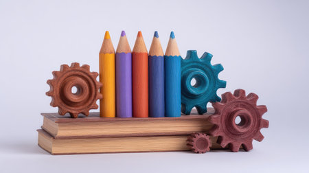 This image features vibrant wooden pencils and gears arranged on stacked books, symbolizing creativity and learning in a playful, artistic setting. Perfect for educational themes.の素材