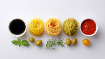 Vibrant assortment of spaghetti, sauces, and fresh ingredients showcases the essence of Italian cuisine, perfect for culinary inspiration and delicious meal preparation.の素材