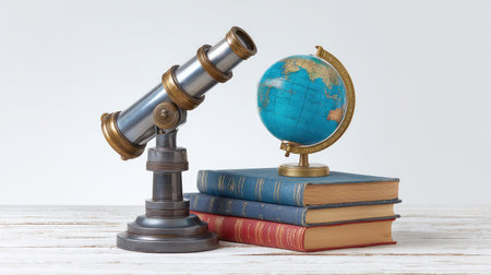 A vintage telescope next to a globe on stacked books creates a charming scene that symbolizes knowledge and adventure, perfect for educational and travel-themed projects.の素材