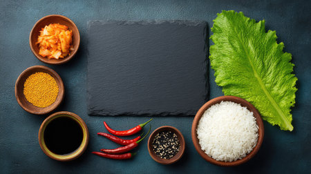 A vibrant arrangement of culinary ingredients including rice, vegetables, and spices on a dark slate surface. Perfect for food photography and culinary design inspiration.の素材