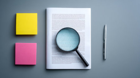 A creative flat lay image showcasing a magnifying glass on an open document along with colorful sticky notes and a pen, perfect for educational or analytical themes.の素材