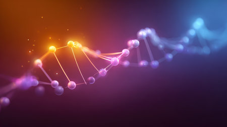 Vivid abstract illustration of DNA structure with colorful atoms connected by strands, representing themes of genetics, biotechnology, and scientific innovation in a captivating style.の素材