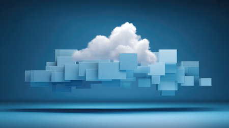 This abstract image features a cloud surrounded by floating cubes against a blue gradient background, representing creativity and modern design for various digital applications.の素材