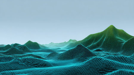 Stunning abstract landscape featuring smooth hills and valleys in vibrant blue and green hues, perfect for representing digital environments and modern aesthetics.の素材