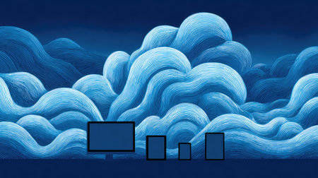 Beautiful abstract illustration featuring ocean waves in various shades of blue, complemented by silhouettes of digital devices, perfect for technology themes and ocean-inspired visuals.の素材