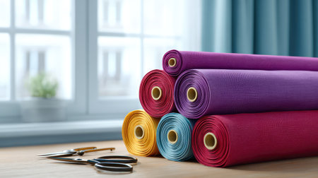 A vibrant display of colorful rolls of crafting material on a wooden table, accented by scissors and a cozy window setting, evoking a creative and inviting atmosphere.の素材