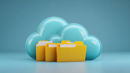 This image illustrates a modern concept of cloud storage, showcasing vibrant blue clouds alongside yellow folders, symbolizing digital organization and efficient data management.の素材