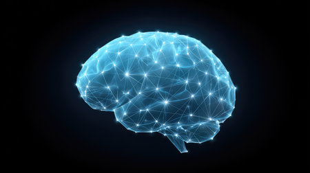 This image depicts a digital representation of a brain illuminated by connections, symbolizing neural pathways in the realm of artificial intelligence and advanced technology.の素材