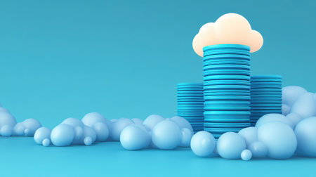 Modern illustration of cloud computing concept featuring striking blue circular disks and soft clouds on a bright background, perfect for technology and data storage themes.の素材