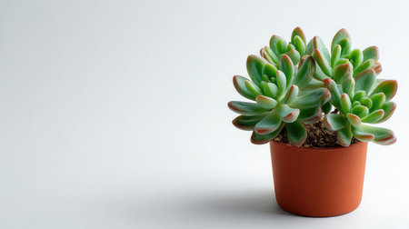 A vibrant succulent plant in a terracotta pot against a white backdrop, showcasing a minimalist aesthetic ideal for home decor and promoting a sense of tranquility and freshness.の素材