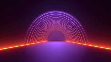Captivating neon tunnel features radiant arches and glowing lines set in a dark ambiance, ideal for futuristic themes and digital art concepts. Perfect for creative projects.の素材