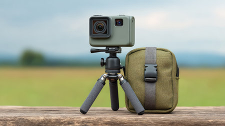 A sleek action camera mounted on a tripod beside a compact carrying case, set against a picturesque outdoor backdrop perfect for capturing stunning images during adventures.の素材