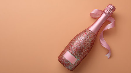 A stunning rose champagne bottle embellished with glitter and topped with a pink ribbon, perfect for adding elegance to celebrations and creating unforgettable moments.の素材