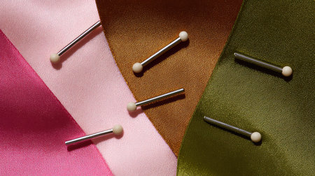 Vibrant satin fabric swatches in pink, brown, and green displayed with sewing pins, perfect for fashion design inspiration and artistic textile projects.の素材