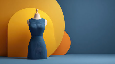 A stunning blue knit dress displayed on a mannequin, set against an innovative geometric background of vibrant yellow and orange shapes, capturing the essence of modern fashion style.の素材