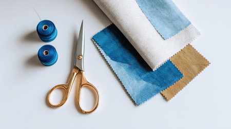A bright workspace featuring stylish sewing accessories, including colorful threads, sharp scissors, and fabric swatches, perfect for creative projects and hobbies.の素材