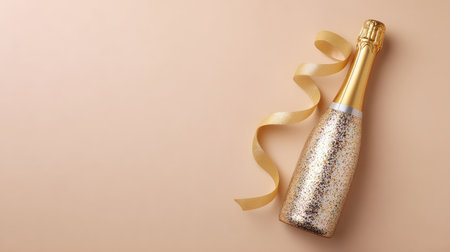 A luxurious sparkling champagne bottle adorned with golden glitter and a sleek ribbon on a soft blush backdrop, perfect for celebrations and festive moments.の素材
